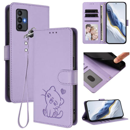 Embossed Heart Cat Leather Phone Case with Hand Strap, For TCL 30 SE, For TCL 30 XE 5G / 30V 5G / T781S