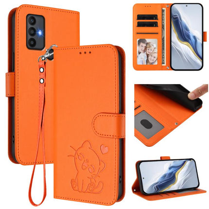 Embossed Heart Cat Leather Phone Case with Hand Strap, For TCL 30 SE, For TCL 30 XE 5G / 30V 5G / T781S