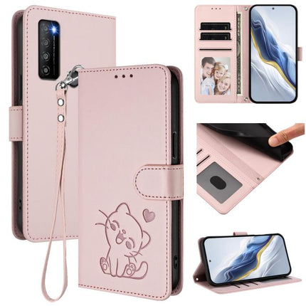 Embossed Heart Cat Leather Phone Case with Hand Strap, For TCL 40 R 5G / Sharp Aquos V6 5G, For TCL 30 XL / T701DL