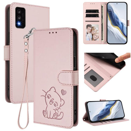 Embossed Heart Cat Leather Phone Case with Hand Strap, For TCL 303, For TCL 30T / T603DL
