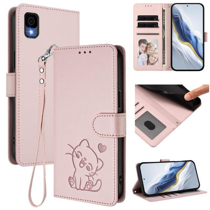 Embossed Heart Cat Leather Phone Case with Hand Strap, For TCL 30Z / T602DL / 30 LE / T602DL, For TCL 40 XL / Lively Jitterbug Smart4