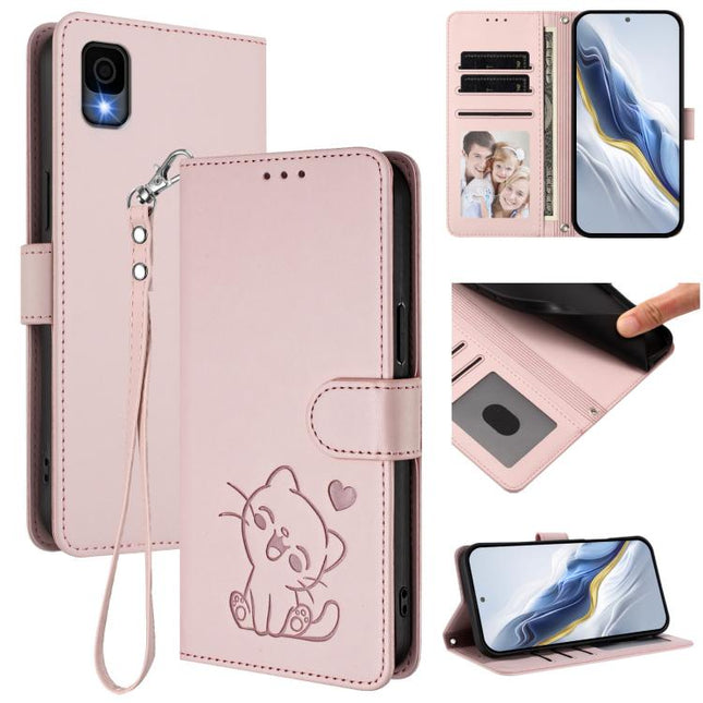 Embossed Heart Cat Leather Phone Case with Hand Strap, For TCL 30Z / T602DL / 30 LE / T602DL, For TCL 40 XL / Lively Jitterbug Smart4