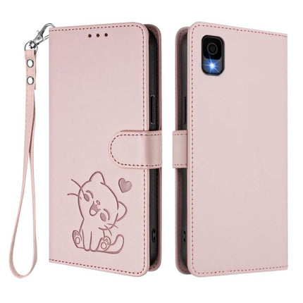 Embossed Heart Cat Leather Phone Case with Hand Strap, For TCL 30Z / T602DL / 30 LE / T602DL, For TCL 40 XL / Lively Jitterbug Smart4