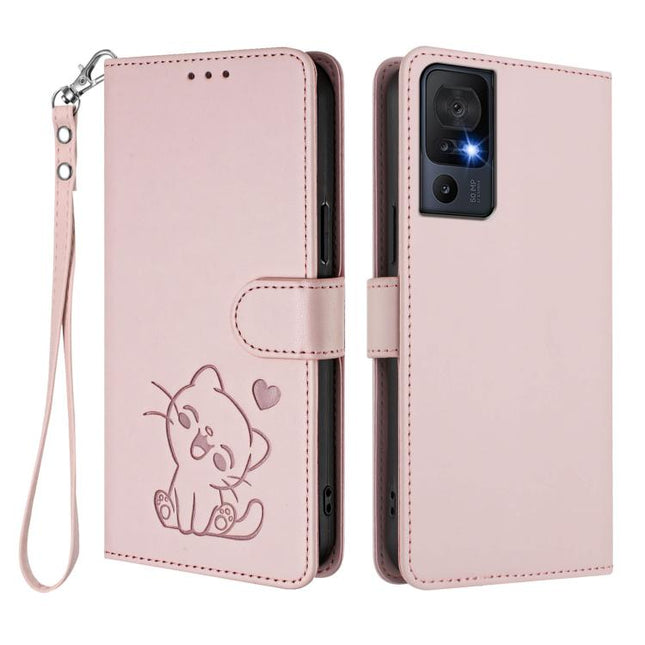 Embossed Heart Cat Leather Phone Case with Hand Strap, For TCL 40 SE, For TCL 403 / Vodafone Smart M23