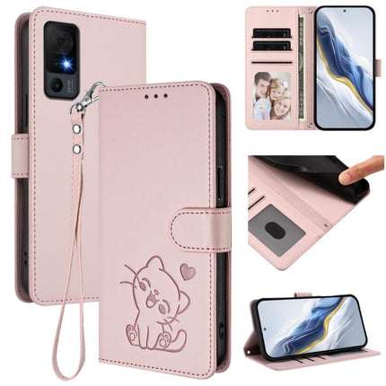 Embossed Heart Cat Leather Phone Case with Hand Strap, For TCL 30Z / T602DL / 30 LE / T602DL, For TCL 40 XL / Lively Jitterbug Smart4
