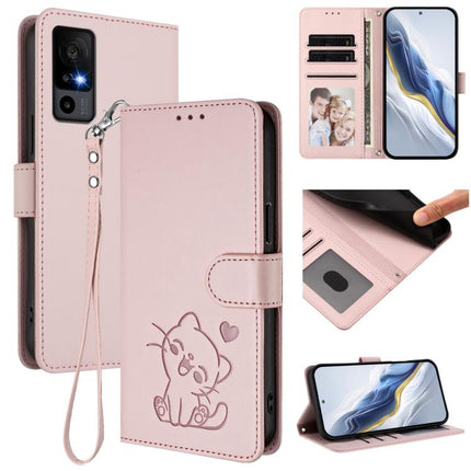 Embossed Heart Cat Leather Phone Case with Hand Strap, For TCL 40 R 5G / Sharp Aquos V6 5G, For TCL 30 XL / T701DL
