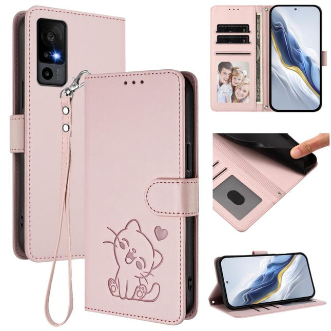 Embossed Heart Cat Leather Phone Case with Hand Strap, For TCL 40 R 5G / Sharp Aquos V6 5G, For TCL 30 XL / T701DL