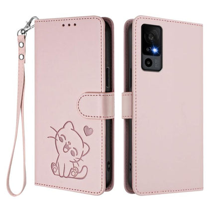 Embossed Heart Cat Leather Phone Case with Hand Strap, For TCL 40 R 5G / Sharp Aquos V6 5G, For TCL 30 XL / T701DL