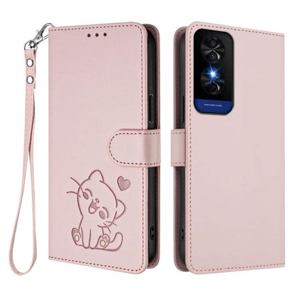 Embossed Heart Cat Leather Phone Case with Hand Strap, For TCL 50 5G / 50 XE NxtPaper 5G, For TCL 50 XL 5G / 50 XL Nxtpaper 5G
