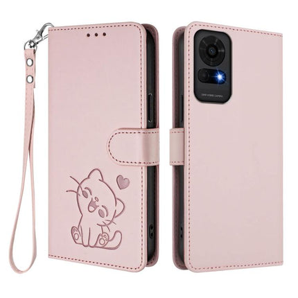 Embossed Heart Cat Leather Phone Case with Hand Strap, For TCL 50 LE 5G T510SPP / K23 / K24, For TCL 50 Pro NxtPaper / 50 NxtPaper 5G