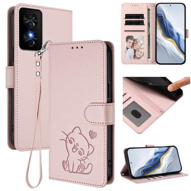 Embossed Heart Cat Leather Phone Case with Hand Strap, For TCL 50 SE / 40 NxtPaper 4G, For TCL 501 / Vodafone Smart M25