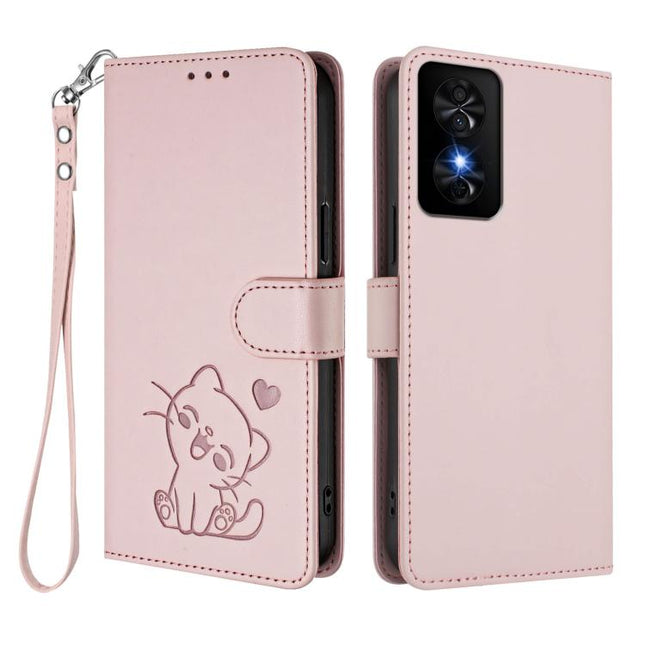 Embossed Heart Cat Leather Phone Case with Hand Strap, For TCL 50 SE / 40 NxtPaper 4G, For TCL 501 / Vodafone Smart M25