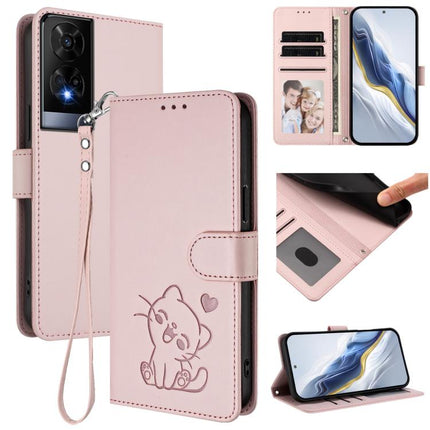 Embossed Heart Cat Leather Phone Case with Hand Strap, For TCL 201, For TCL 50 XE