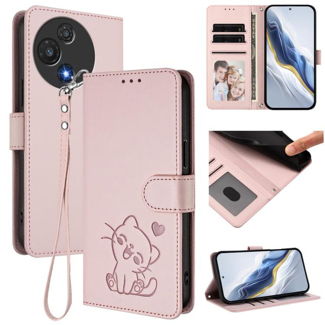 Embossed Heart Cat Leather Phone Case with Hand Strap, For TCL 60R, For TCL 503