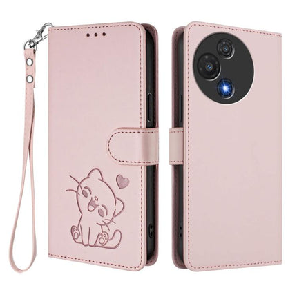 Embossed Heart Cat Leather Phone Case with Hand Strap, For TCL 60R, For TCL 503