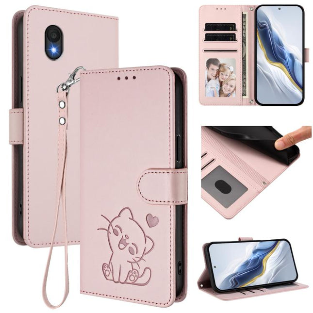 Embossed Heart Cat Leather Phone Case with Hand Strap, For TCL 201, For TCL 50 XE