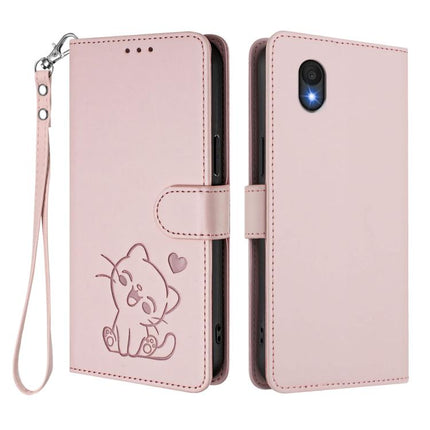Embossed Heart Cat Leather Phone Case with Hand Strap, For TCL 201, For TCL 50 XE
