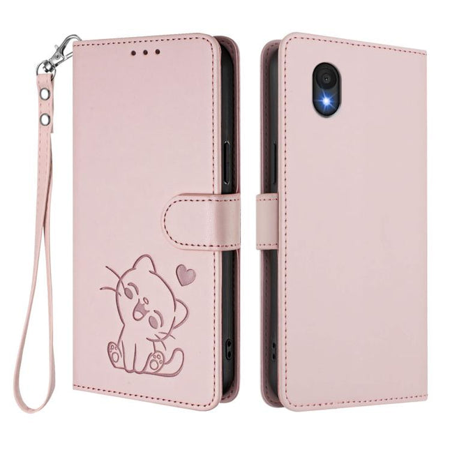 Embossed Heart Cat Leather Phone Case with Hand Strap, For TCL 201, For TCL 50 XE