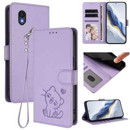 Embossed Heart Cat Leather Phone Case with Hand Strap, For TCL 201, For TCL 50 XE