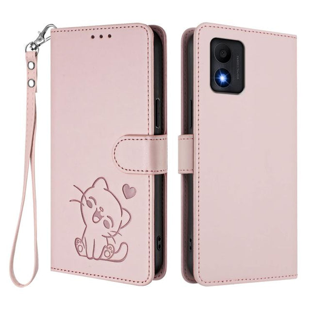 Embossed Heart Cat Leather Phone Case with Hand Strap, For TCL 303, For TCL 30T / T603DL