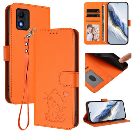 Embossed Heart Cat Leather Phone Case with Hand Strap, For TCL 303, For TCL 30T / T603DL
