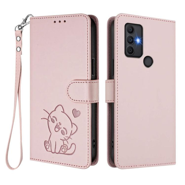 Embossed Heart Cat Leather Phone Case with Hand Strap, For TCL 305 / 306 / 30 SE AL02, For TCL Stylus 5G