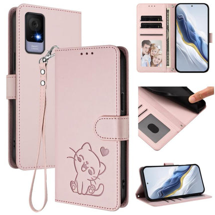Embossed Heart Cat Leather Phone Case with Hand Strap, For TCL 405 / 406 / 406s / 408 / T506D, For TCL 60 NxtPaper