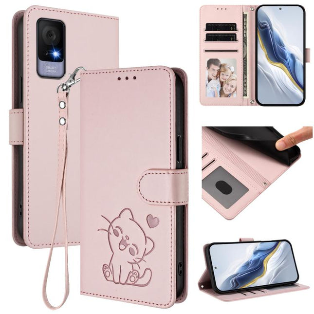 Embossed Heart Cat Leather Phone Case with Hand Strap, For TCL 405 / 406 / 406s / 408 / T506D, For TCL 60 NxtPaper