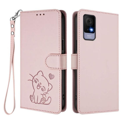 Embossed Heart Cat Leather Phone Case with Hand Strap, For TCL 405 / 406 / 406s / 408 / T506D, For TCL 60 NxtPaper