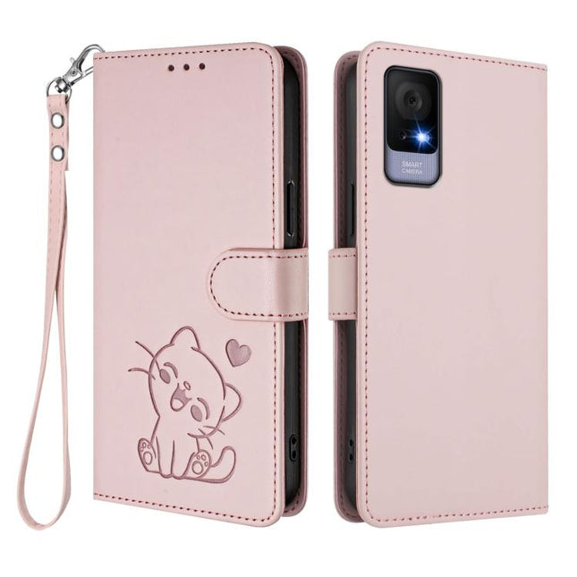 Embossed Heart Cat Leather Phone Case with Hand Strap, For TCL 405 / 406 / 406s / 408 / T506D, For TCL 60 NxtPaper