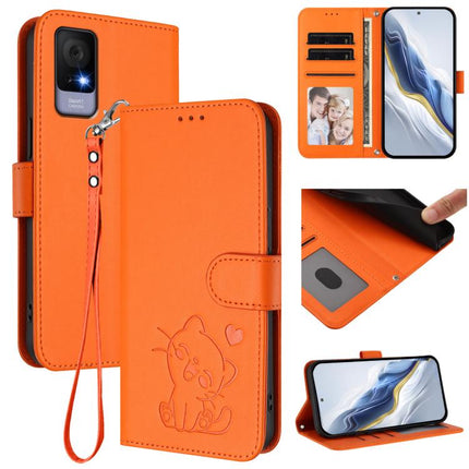 Embossed Heart Cat Leather Phone Case with Hand Strap, For TCL 405 / 406 / 406s / 408 / T506D, For TCL 60 NxtPaper