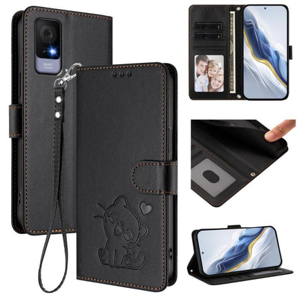 Embossed Heart Cat Leather Phone Case with Hand Strap, For TCL 405 / 406 / 406s / 408 / T506D, For TCL 60 NxtPaper