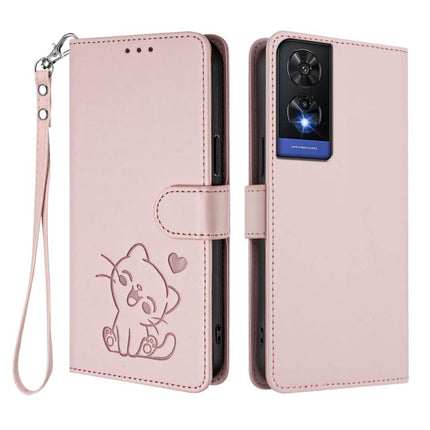 Embossed Heart Cat Leather Phone Case with Hand Strap, For TCL 505 / T509K / T5094, For TCL 502