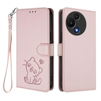 Embossed Heart Cat Leather Phone Case with Hand Strap, For TCL 605 / 60 SE, For TCL 60 5G