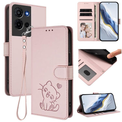 Embossed Heart Cat Leather Phone Case with Hand Strap, For TCL K32 5G / K33 5G, For TCL 60 SE NxtPaper 5G