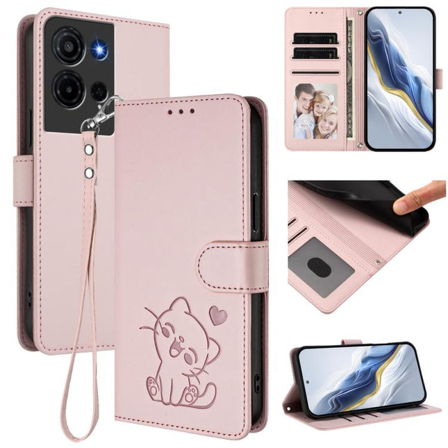 Embossed Heart Cat Leather Phone Case with Hand Strap, For TCL K32 5G / K33 5G, For TCL 60 SE NxtPaper 5G