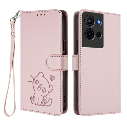 Embossed Heart Cat Leather Phone Case with Hand Strap, For TCL K32 5G / K33 5G, For TCL 60 SE NxtPaper 5G