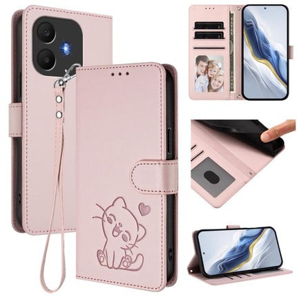 Embossed Heart Cat Leather Phone Case with Hand Strap, For TCL K70 Power 4G / K70 4G, For TCL NxtPaper 70 Pro 5G