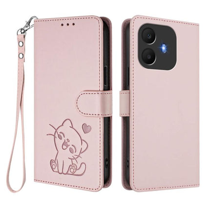 Embossed Heart Cat Leather Phone Case with Hand Strap, For TCL K70 Power 4G / K70 4G, For TCL NxtPaper 70 Pro 5G