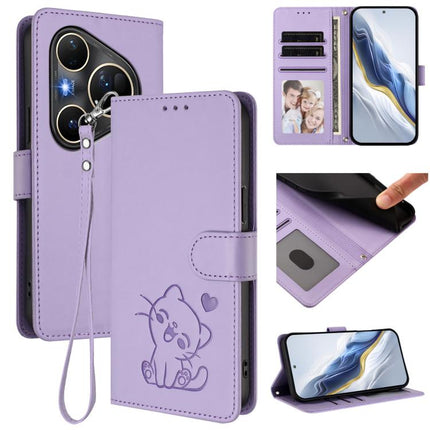 Embossed Heart Cat Leather Phone Case with Hand Strap, For Huawei Mate 70 Air 5G, For Huawei Pura 80 Ultra 5G