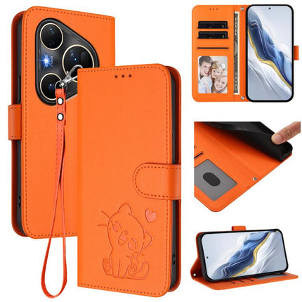 Embossed Heart Cat Leather Phone Case with Hand Strap, For Huawei Mate 70 Air 5G, For Huawei Pura 80 Ultra 5G