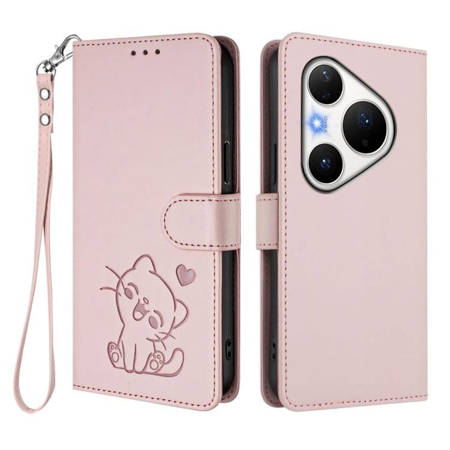 Embossed Heart Cat Leather Phone Case with Hand Strap, For Huawei Pura 80 Pro 5G / Pura 80 Pro+ 5G, For Huawei Pura 80 5G