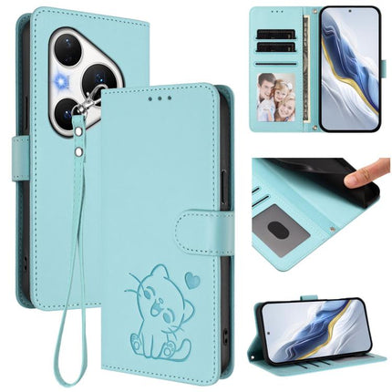 Embossed Heart Cat Leather Phone Case with Hand Strap, For Huawei Pura 80 Pro 5G / Pura 80 Pro+ 5G, For Huawei Pura 80 5G