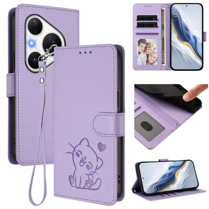 Embossed Heart Cat Leather Phone Case with Hand Strap, For Huawei Pura 80 Pro 5G / Pura 80 Pro+ 5G, For Huawei Pura 80 5G