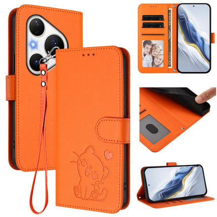 Embossed Heart Cat Leather Phone Case with Hand Strap, For Huawei Pura 80 Pro 5G / Pura 80 Pro+ 5G, For Huawei Pura 80 5G