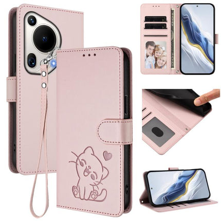 Embossed Heart Cat Leather Phone Case with Hand Strap, For Huawei Pura 70 Pro / Pura 70 Pro+, For Huawei Pura 70 Ultra