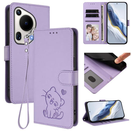Embossed Heart Cat Leather Phone Case with Hand Strap, For Huawei Pura 70 Pro / Pura 70 Pro+, For Huawei Pura 70 Ultra