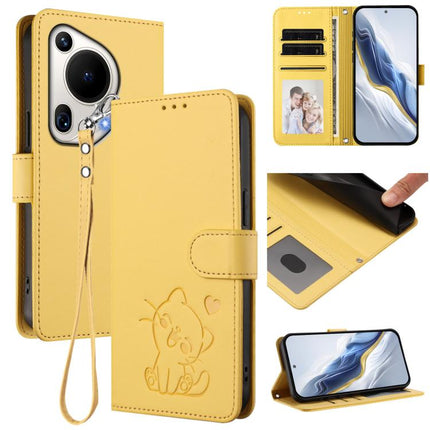Embossed Heart Cat Leather Phone Case with Hand Strap, For Huawei Pura 70 Pro / Pura 70 Pro+, For Huawei Pura 70 Ultra
