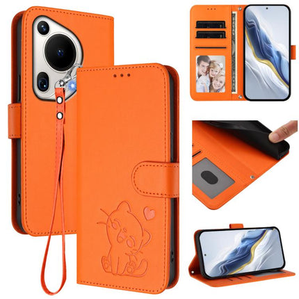 Embossed Heart Cat Leather Phone Case with Hand Strap, For Huawei Pura 70 Pro / Pura 70 Pro+, For Huawei Pura 70 Ultra