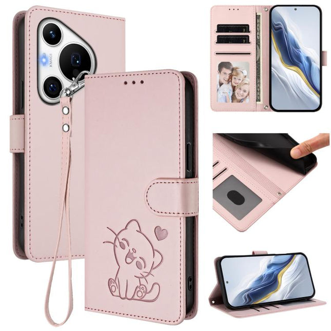Embossed Heart Cat Leather Phone Case with Hand Strap, For Huawei Pura 70 Pro / Pura 70 Pro+, For Huawei Pura 70 Ultra